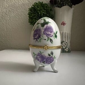 Floral Egg Trinket Box with Purple Roses